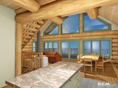 Projekt domu z drewna Logan Lake salon z kuchnią