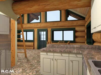Projekt domu z drewna Rocky Mountain kuchnia z salonem
