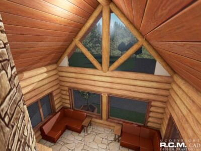 Projekt domu z drewna Firehawk wnętrze salonu widok z góry