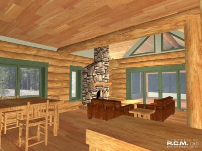 Projekt domu z drewna Alabama salon kominek