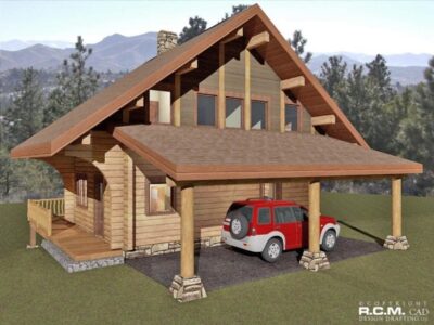 Projekt domu z drewna Log Chalet widok z tyłu, wiata na samochód