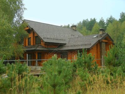 Dom z bali klejonych wśród drzew